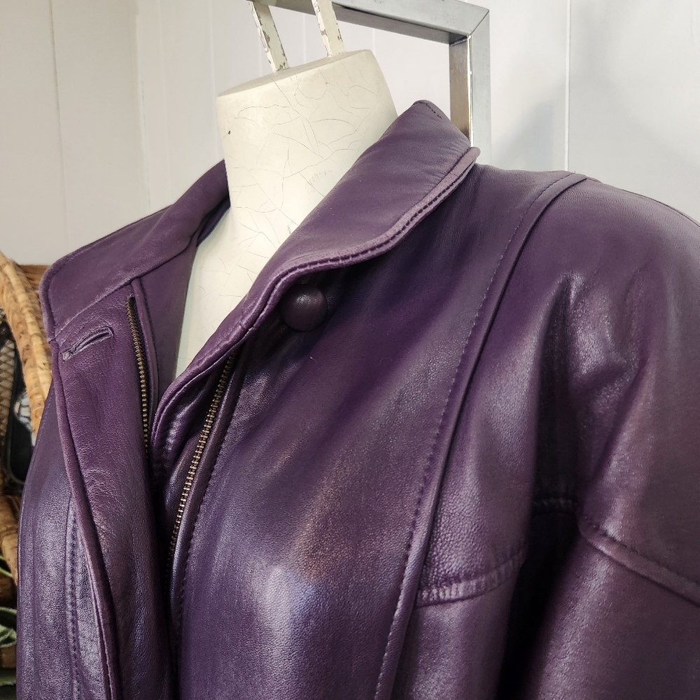Vintage 80s Purple Soft Leather Oversized Jacket Coat 1990s Slouchy 90s Size XS - Picture 3 of 13